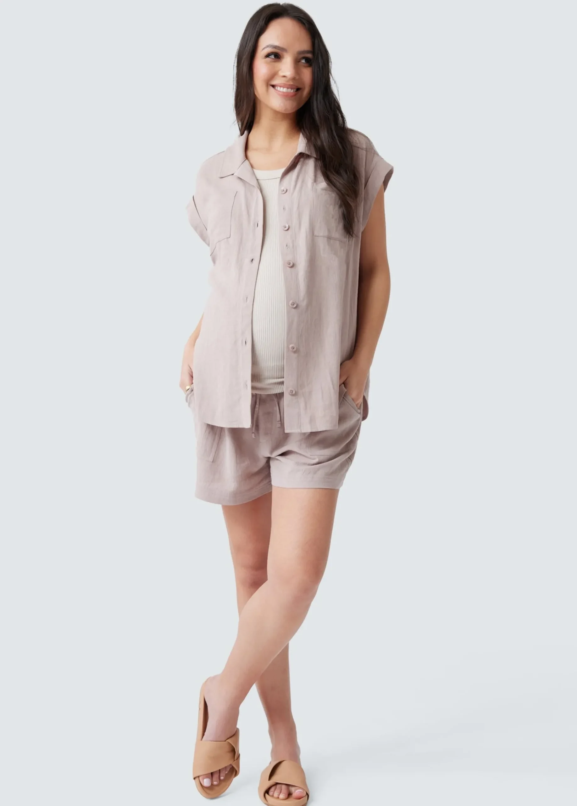 Breezy Linen Maternity Shirt Short Sleeve Button Up