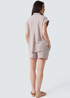 Breezy Linen Maternity Shirt Short Sleeve Button Up