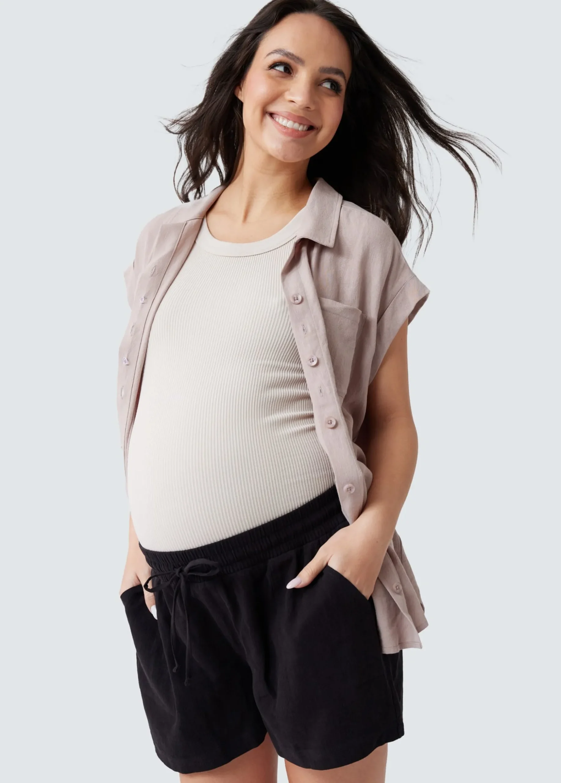 Breezy Linen Maternity Shirt Short Sleeve Button Up
