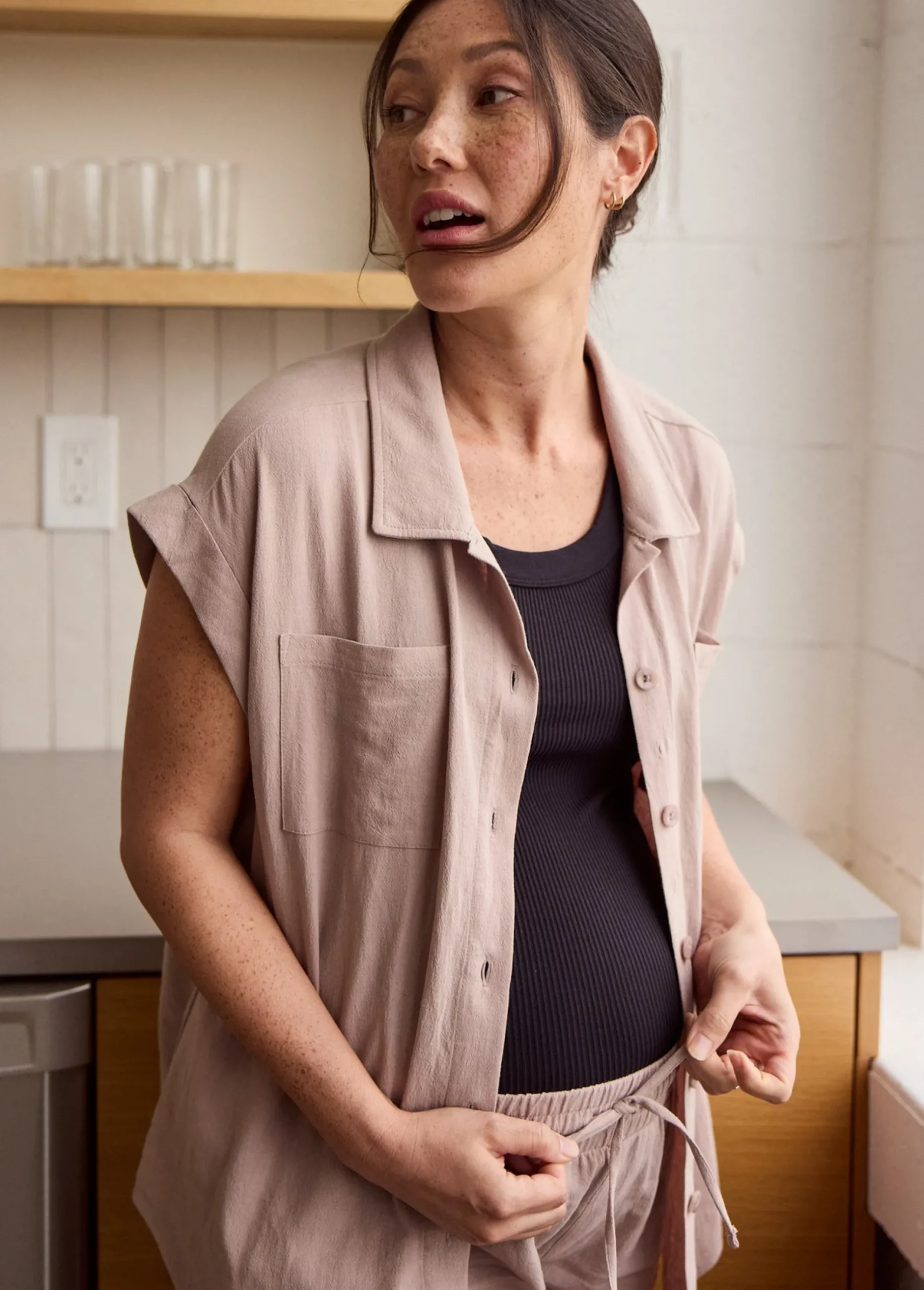 Breezy Linen Maternity Shirt Short Sleeve Button Up