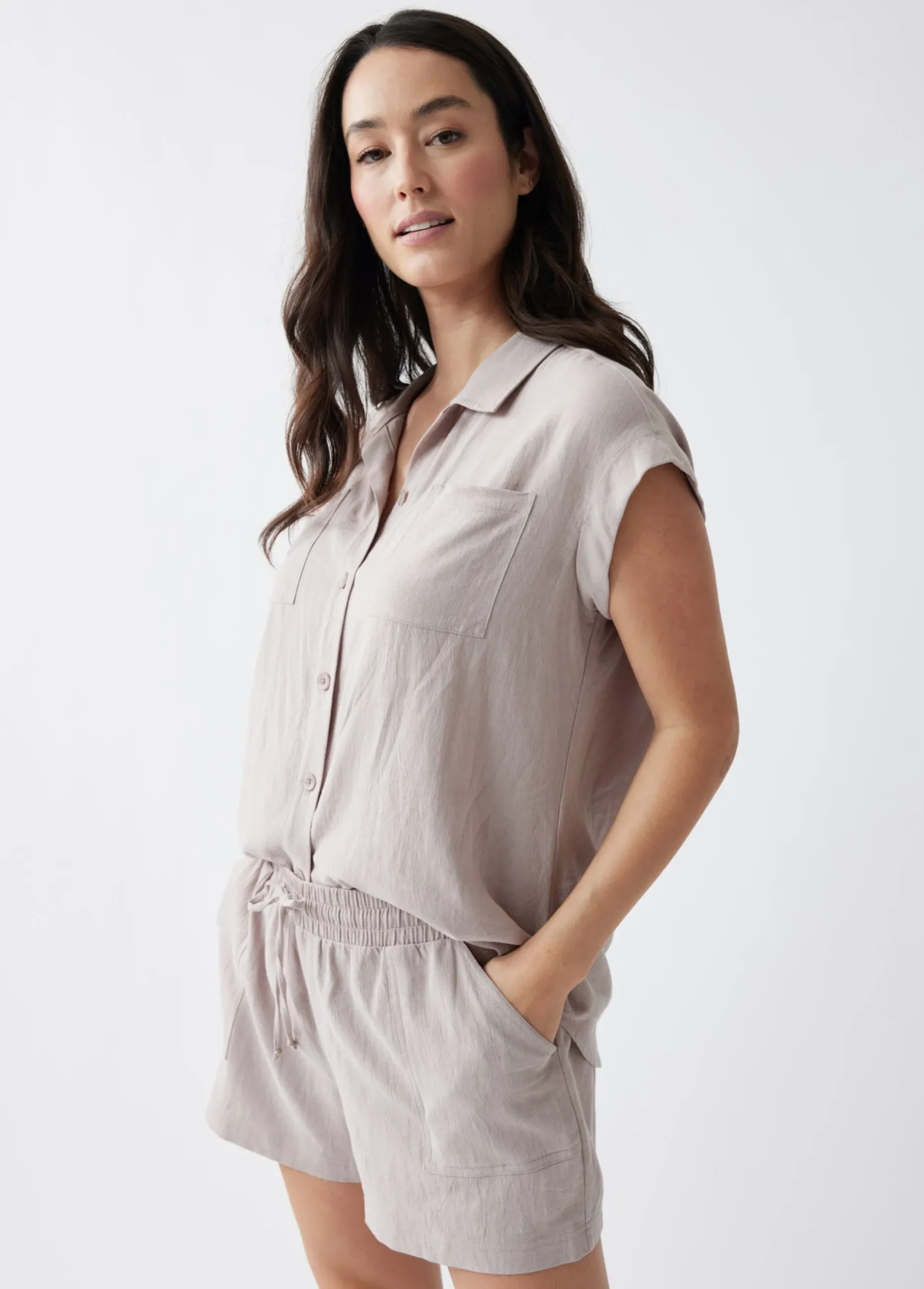 Breezy Linen Maternity Shirt Short Sleeve Button Up