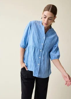 Maternity + Nursing Peplum Shirt Blue and White Stripe Button Up, Short Sleeve