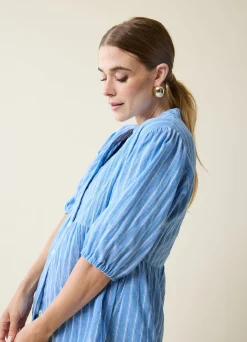 Maternity + Nursing Peplum Shirt Blue and White Stripe Button Up, Short Sleeve