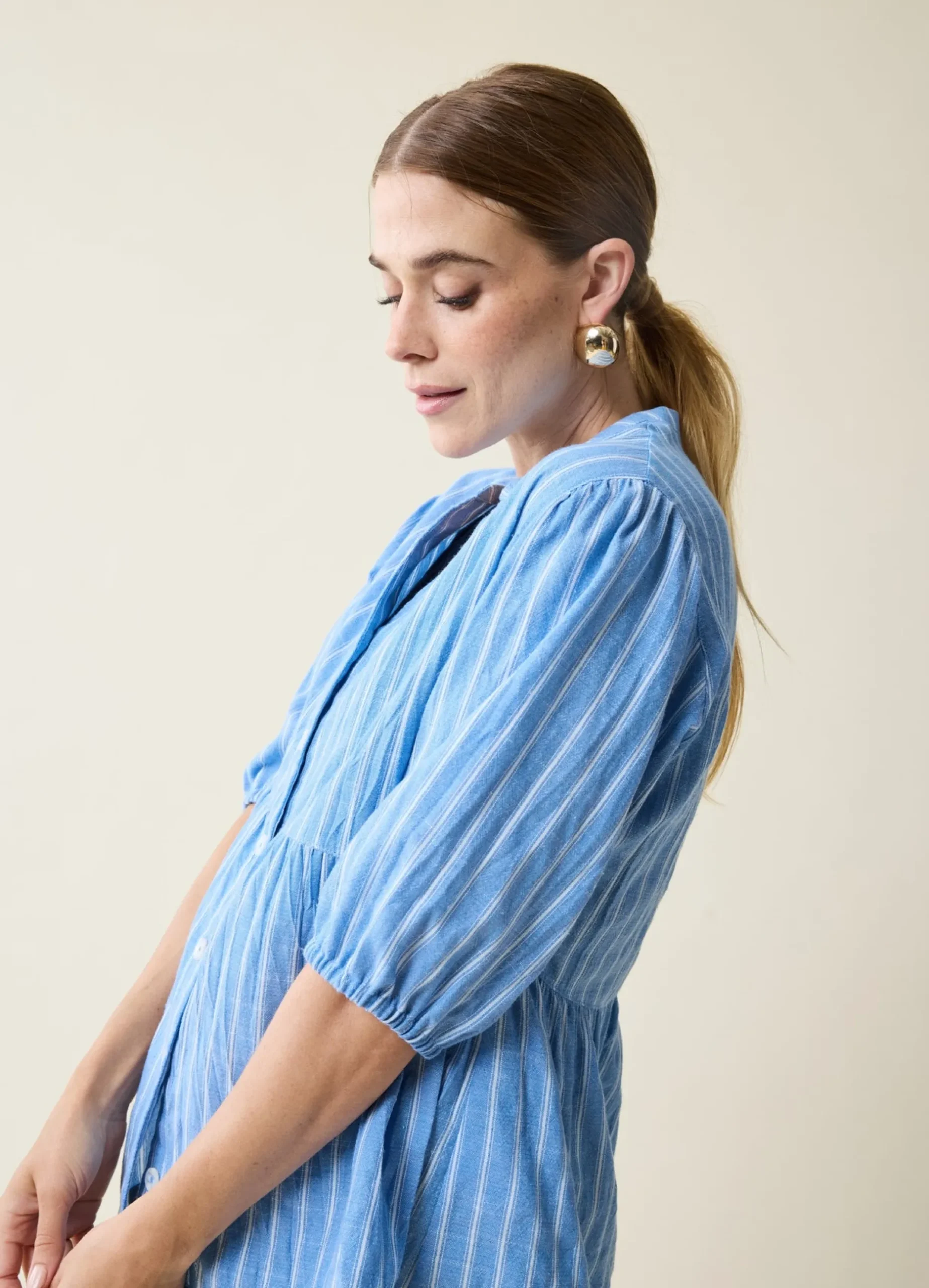 Maternity + Nursing Peplum Shirt Blue and White Stripe Button Up, Short Sleeve