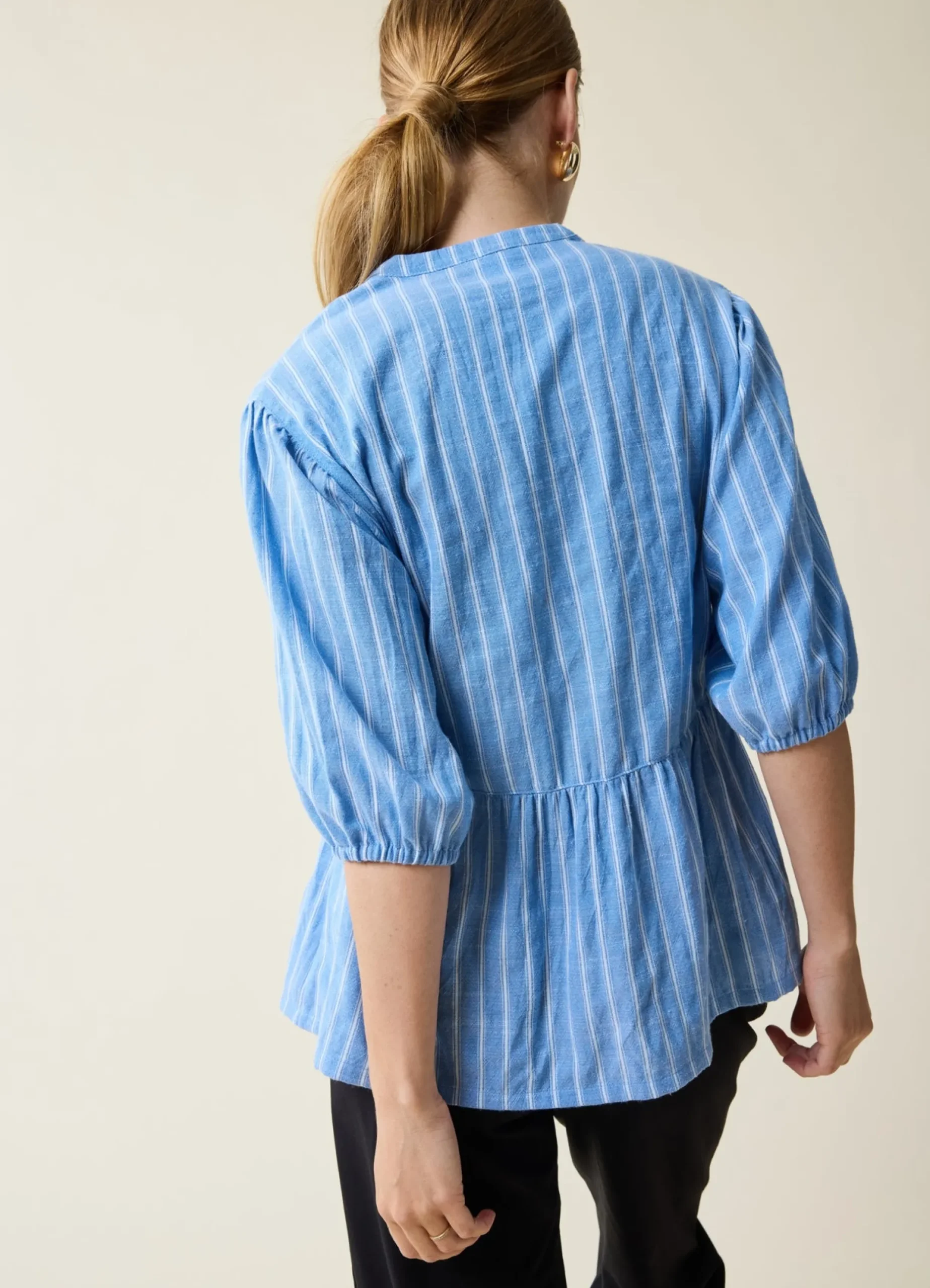 Maternity + Nursing Peplum Shirt Blue and White Stripe Button Up, Short Sleeve