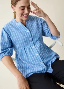 Maternity + Nursing Peplum Shirt Blue and White Stripe Button Up, Short Sleeve