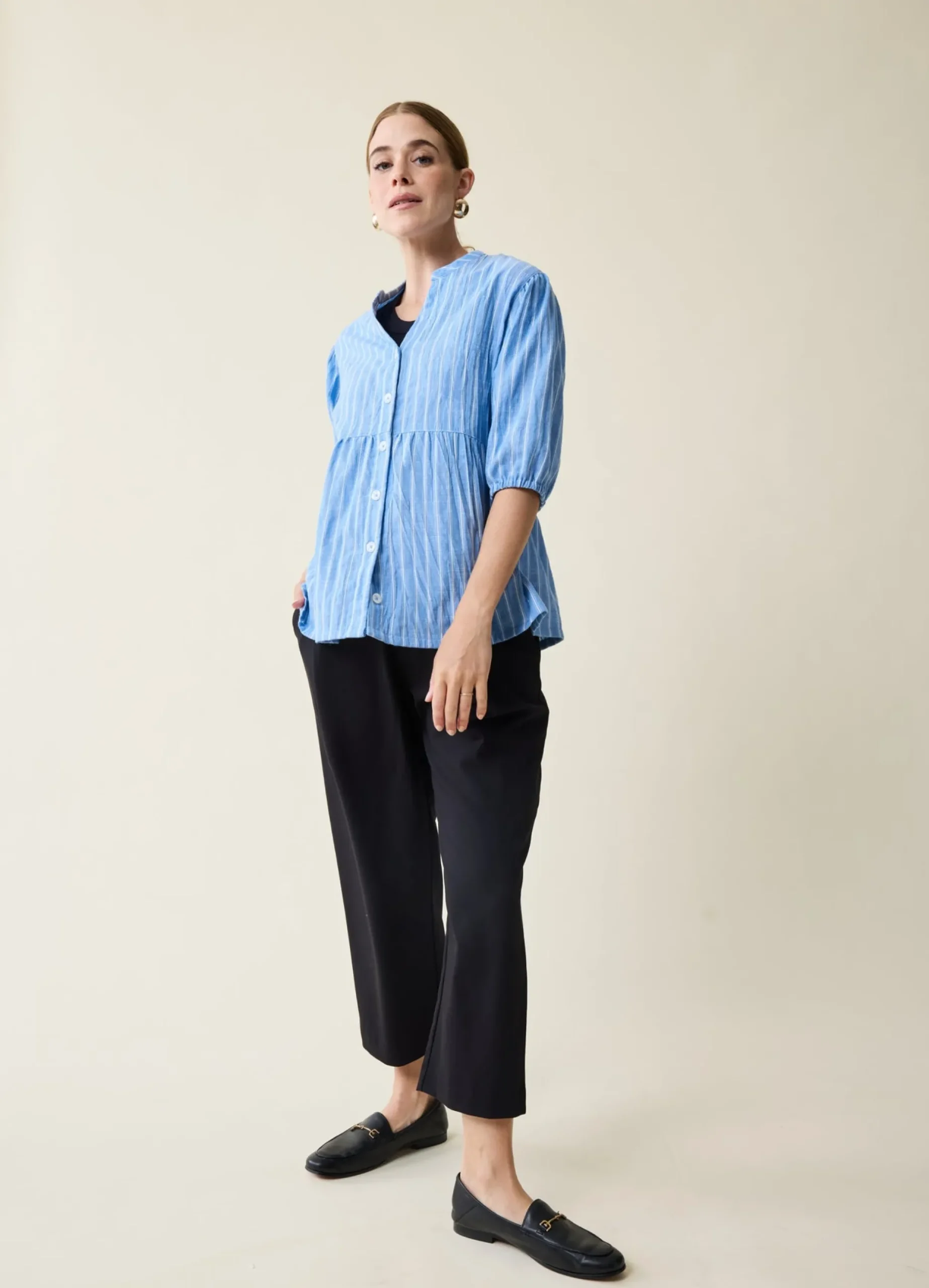 Maternity + Nursing Peplum Shirt Blue and White Stripe Button Up, Short Sleeve
