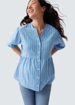Maternity + Nursing Peplum Shirt Blue and White Stripe Button Up, Short Sleeve