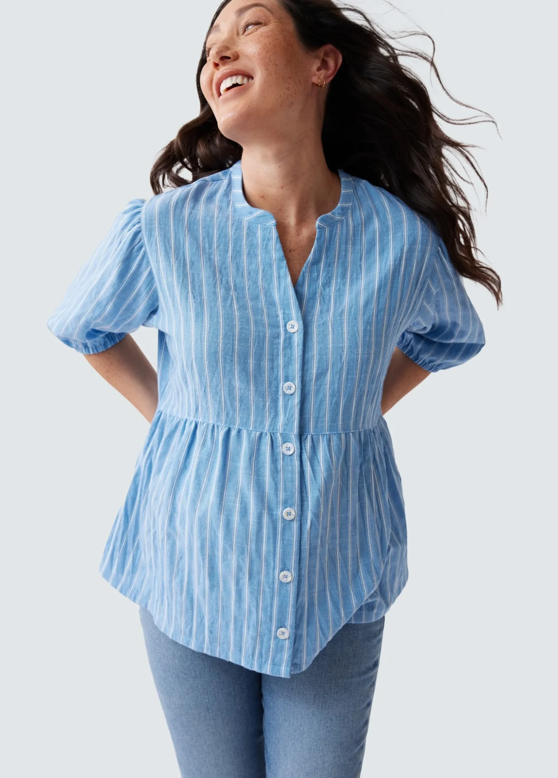 Maternity + Nursing Peplum Shirt Blue and White Stripe Button Up, Short Sleeve