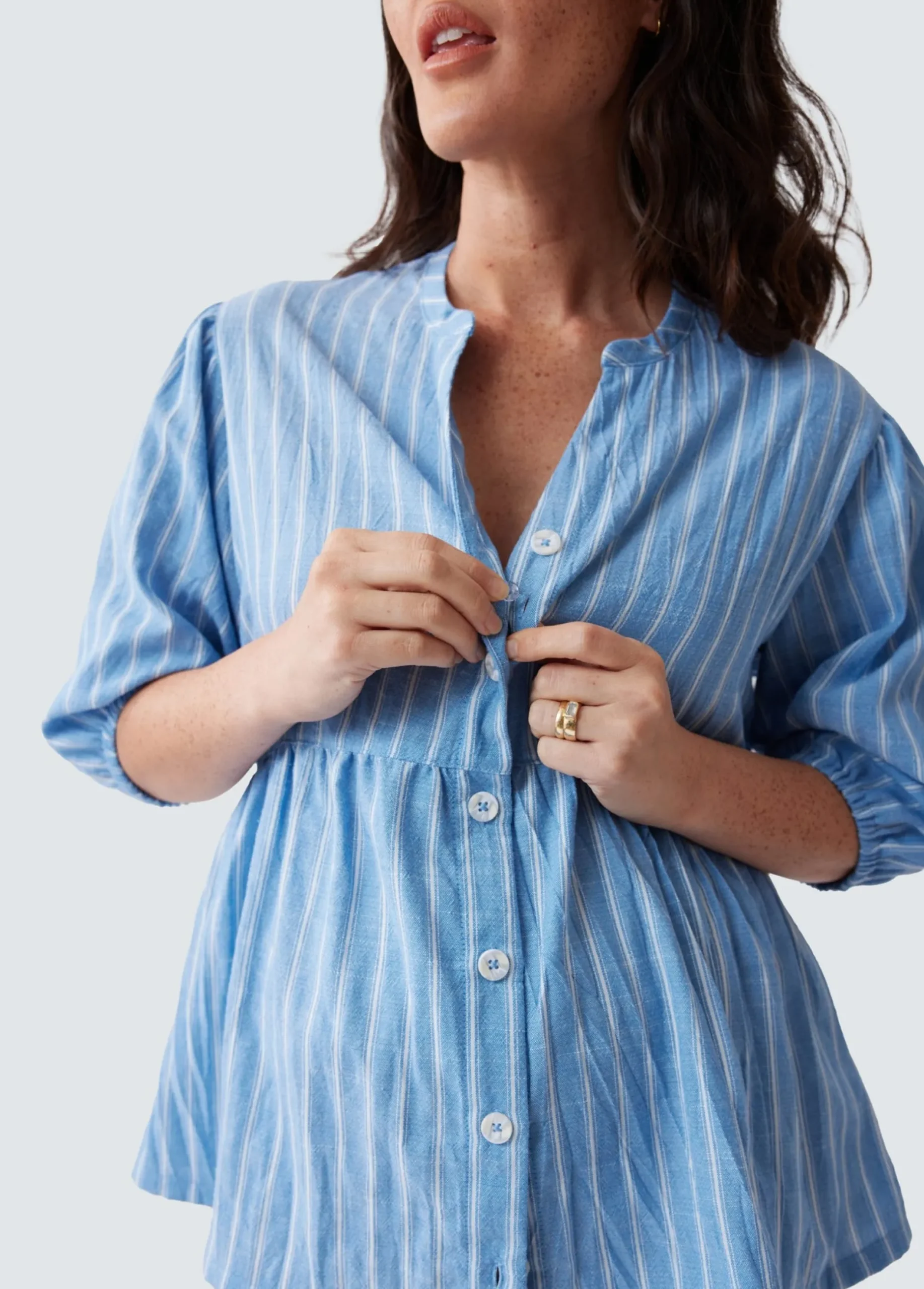 Maternity + Nursing Peplum Shirt Blue and White Stripe Button Up, Short Sleeve