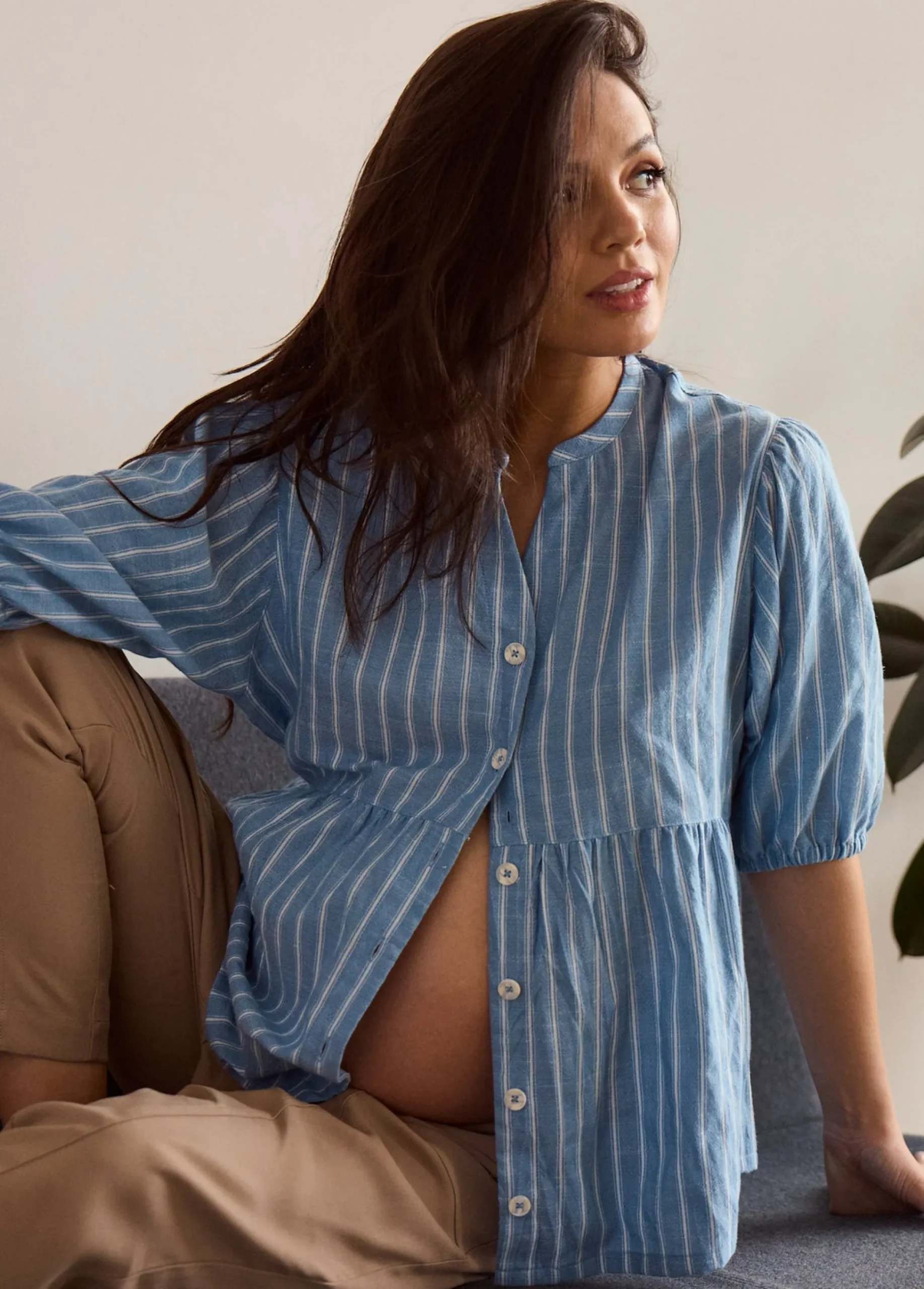 Maternity + Nursing Peplum Shirt Blue and White Stripe Button Up, Short Sleeve