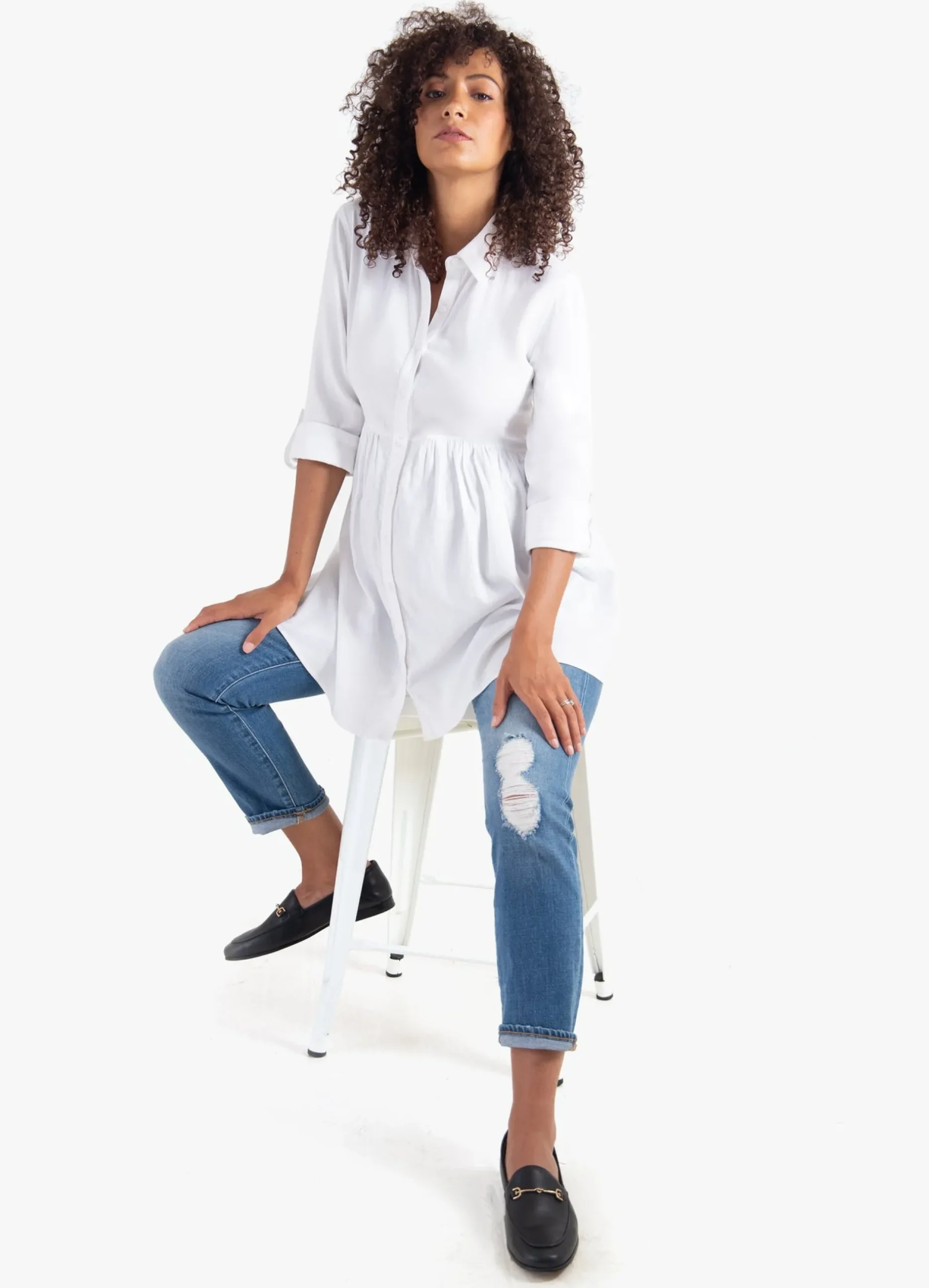 Peplum Button Down Maternity Shirt White