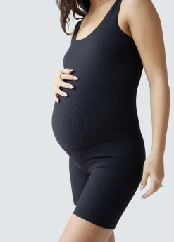 Rib Maternity Bike Short Acitve Unitard Romper Black