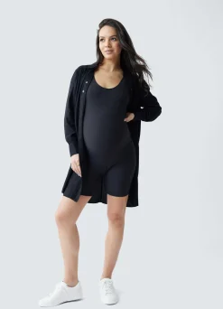 Rib Maternity Bike Short Acitve Unitard Romper Black