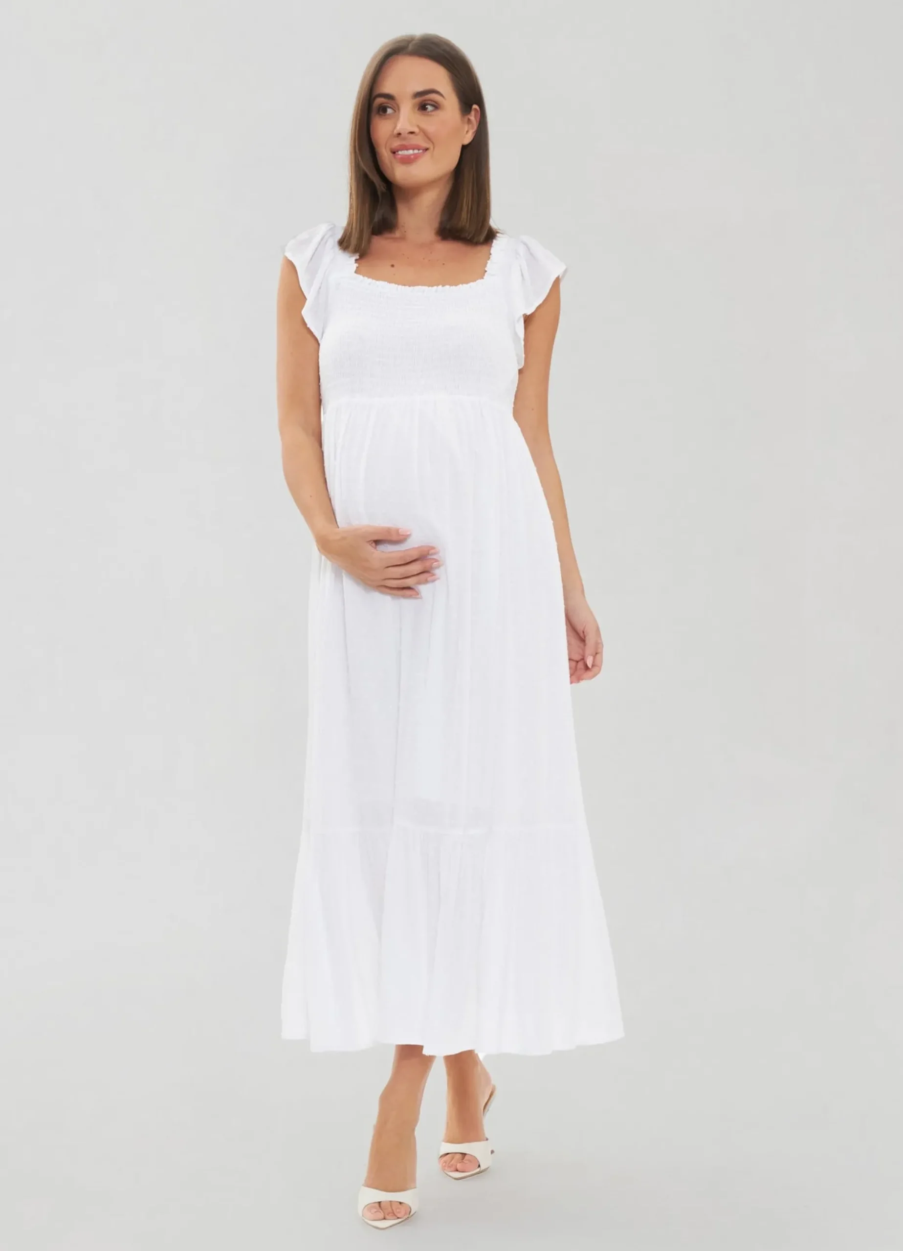 Ripe Maternity White Tiered Eyelet Maternity Midi Dress