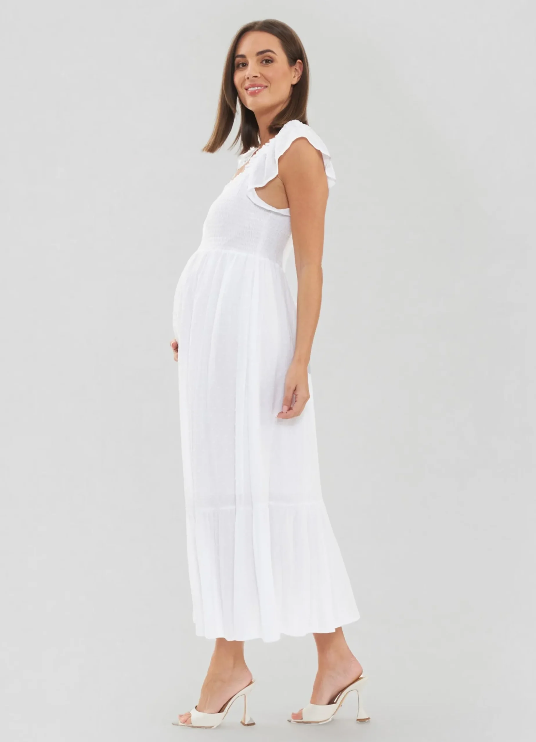 Ripe Maternity White Tiered Eyelet Maternity Midi Dress