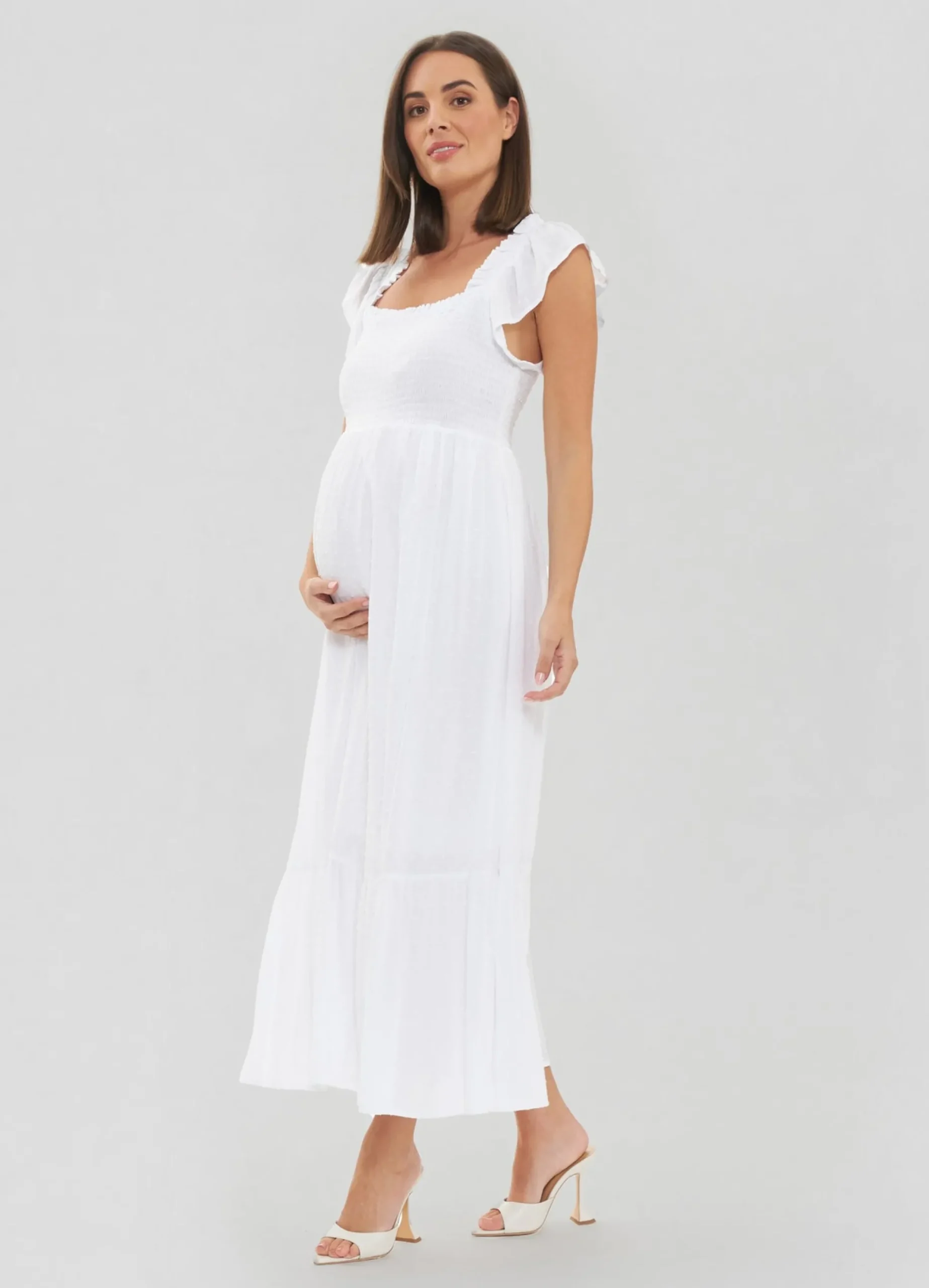 Ripe Maternity White Tiered Eyelet Maternity Midi Dress