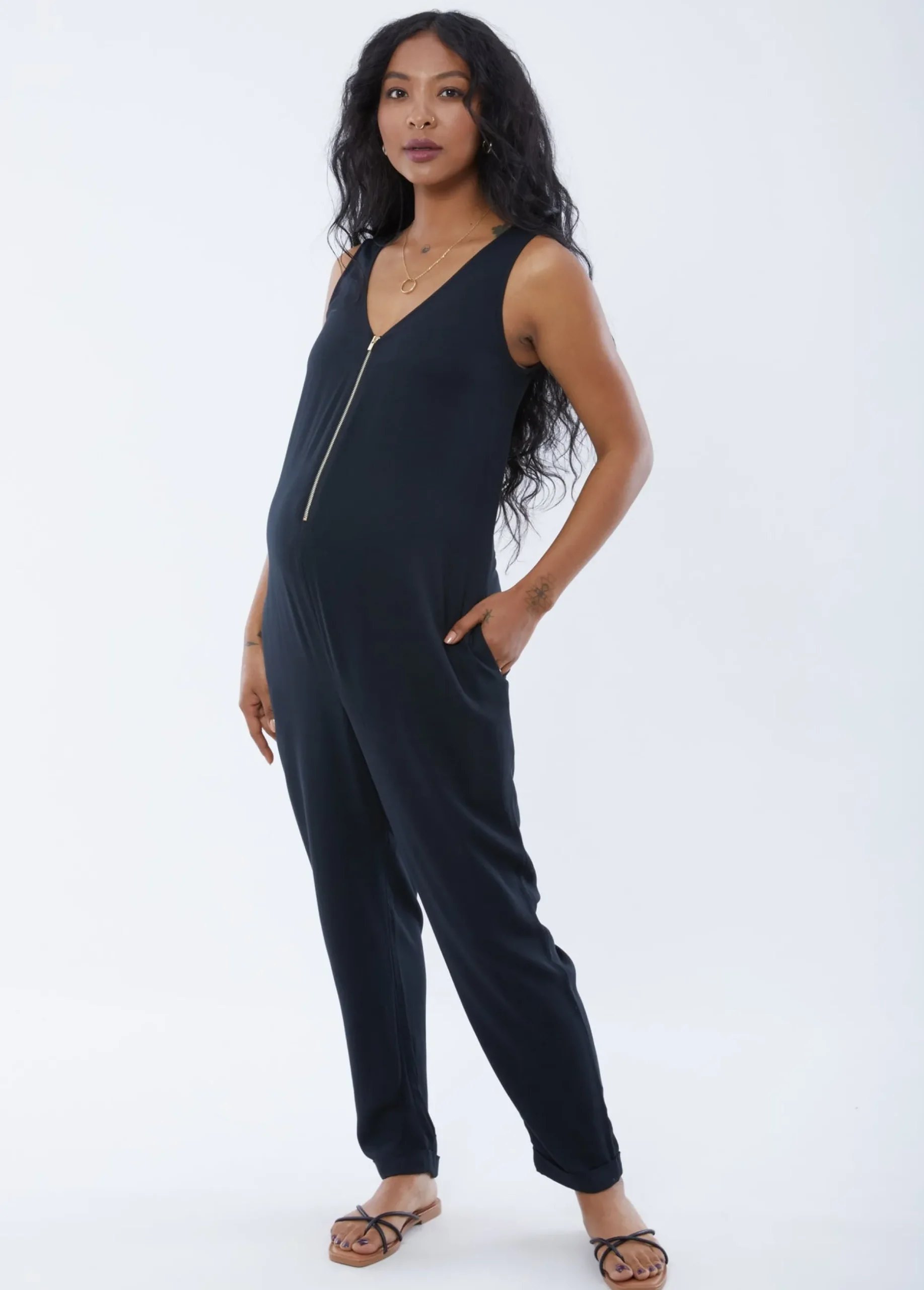 Sleeveless Zip Front Maternity Jumpsuit