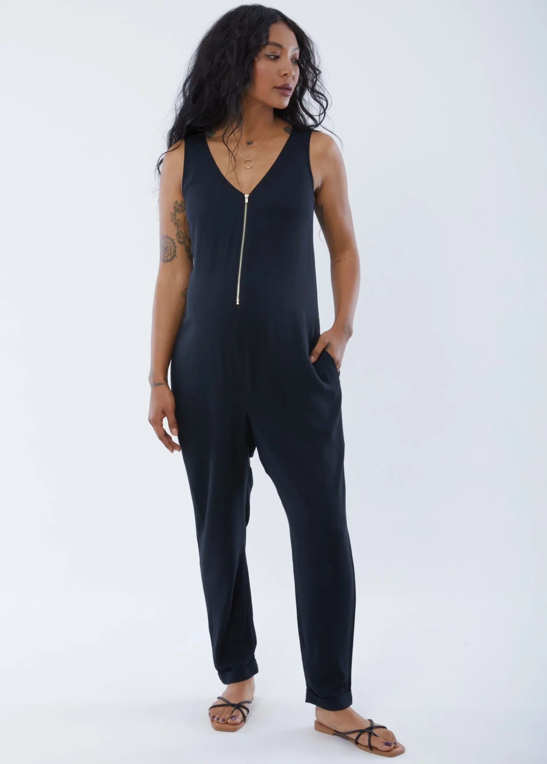 Sleeveless Zip Front Maternity Jumpsuit