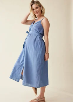 The Chambray Button Front Maternity Midi Dress