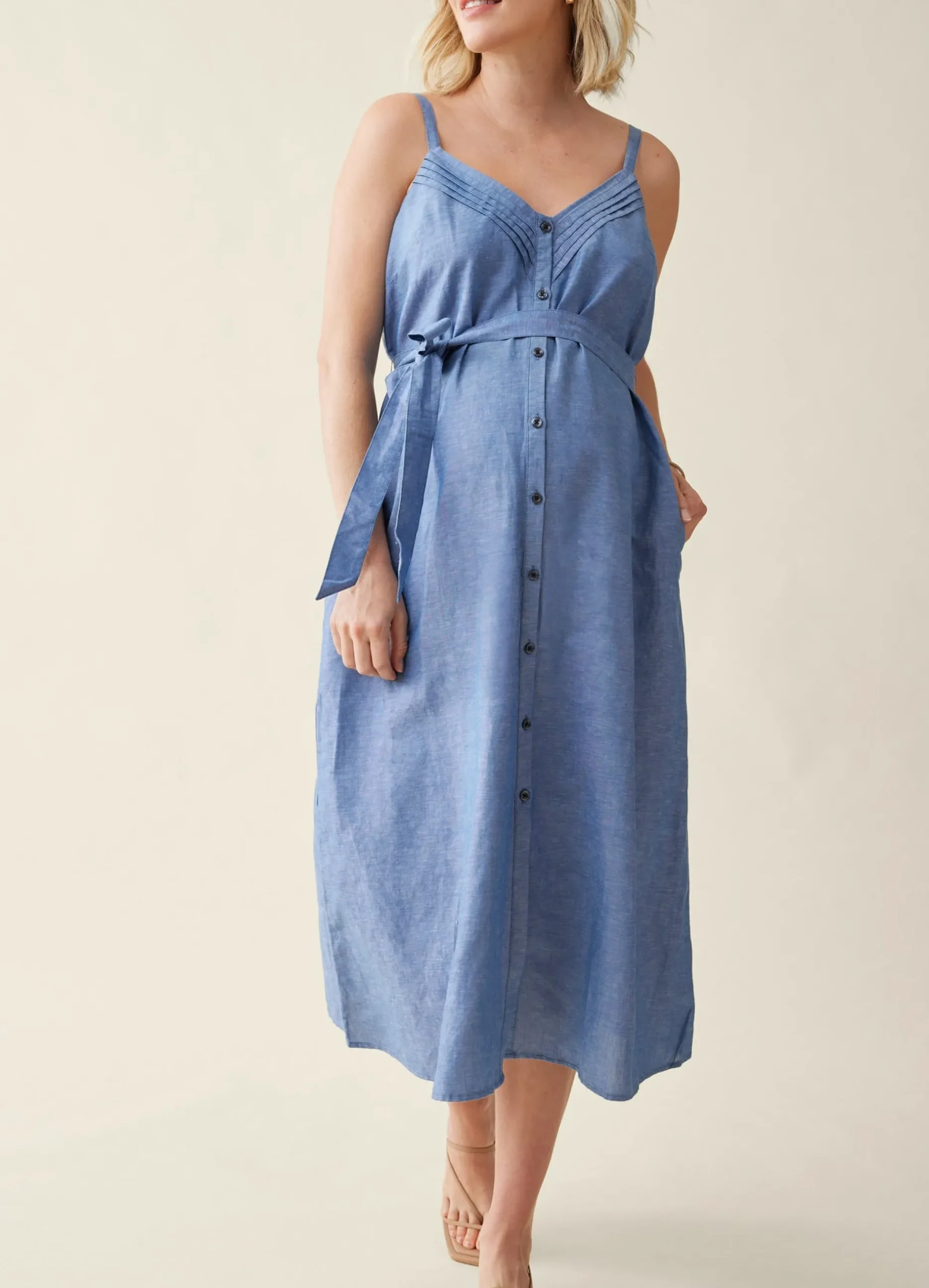 The Chambray Button Front Maternity Midi Dress