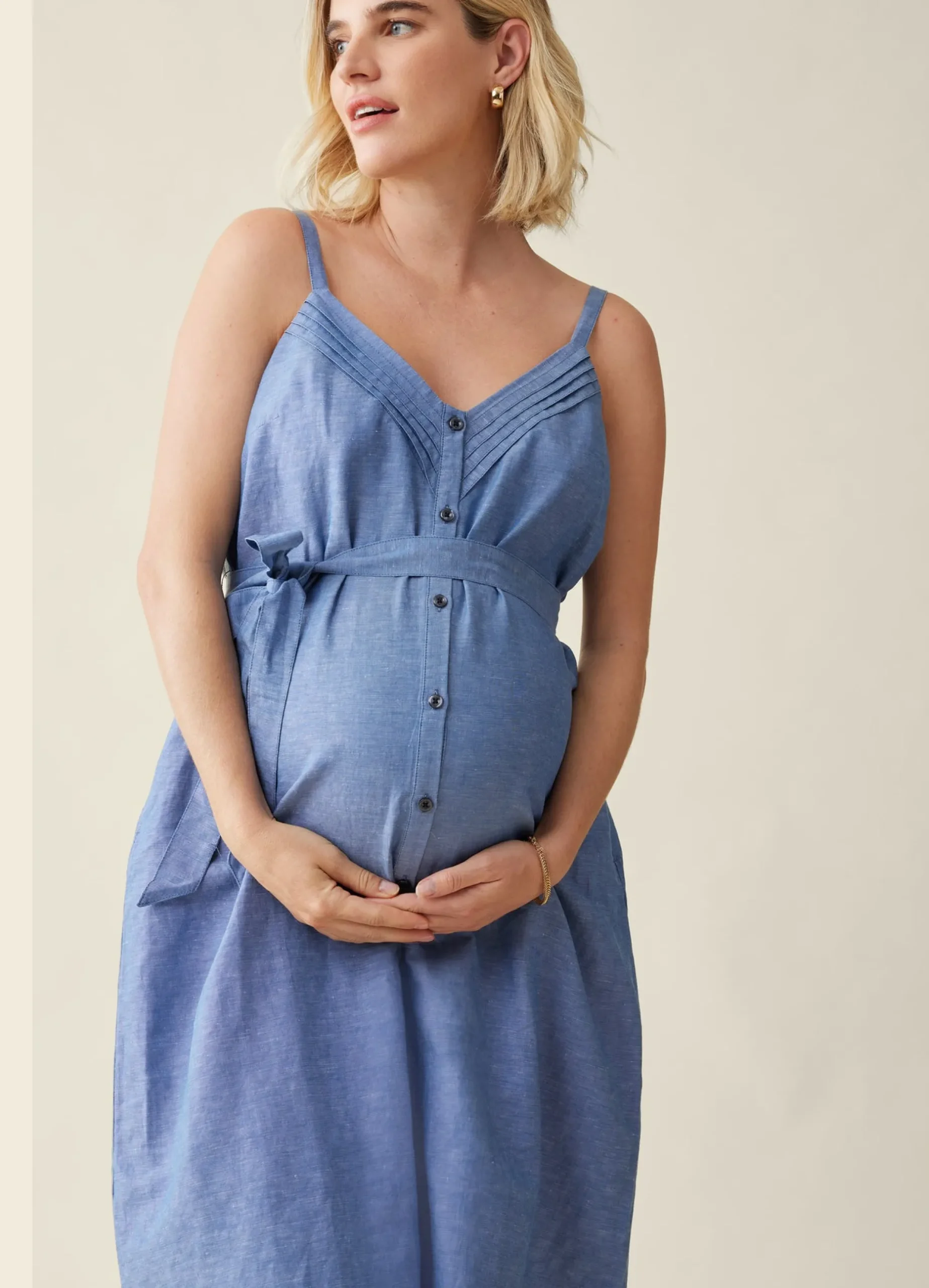 The Chambray Button Front Maternity Midi Dress